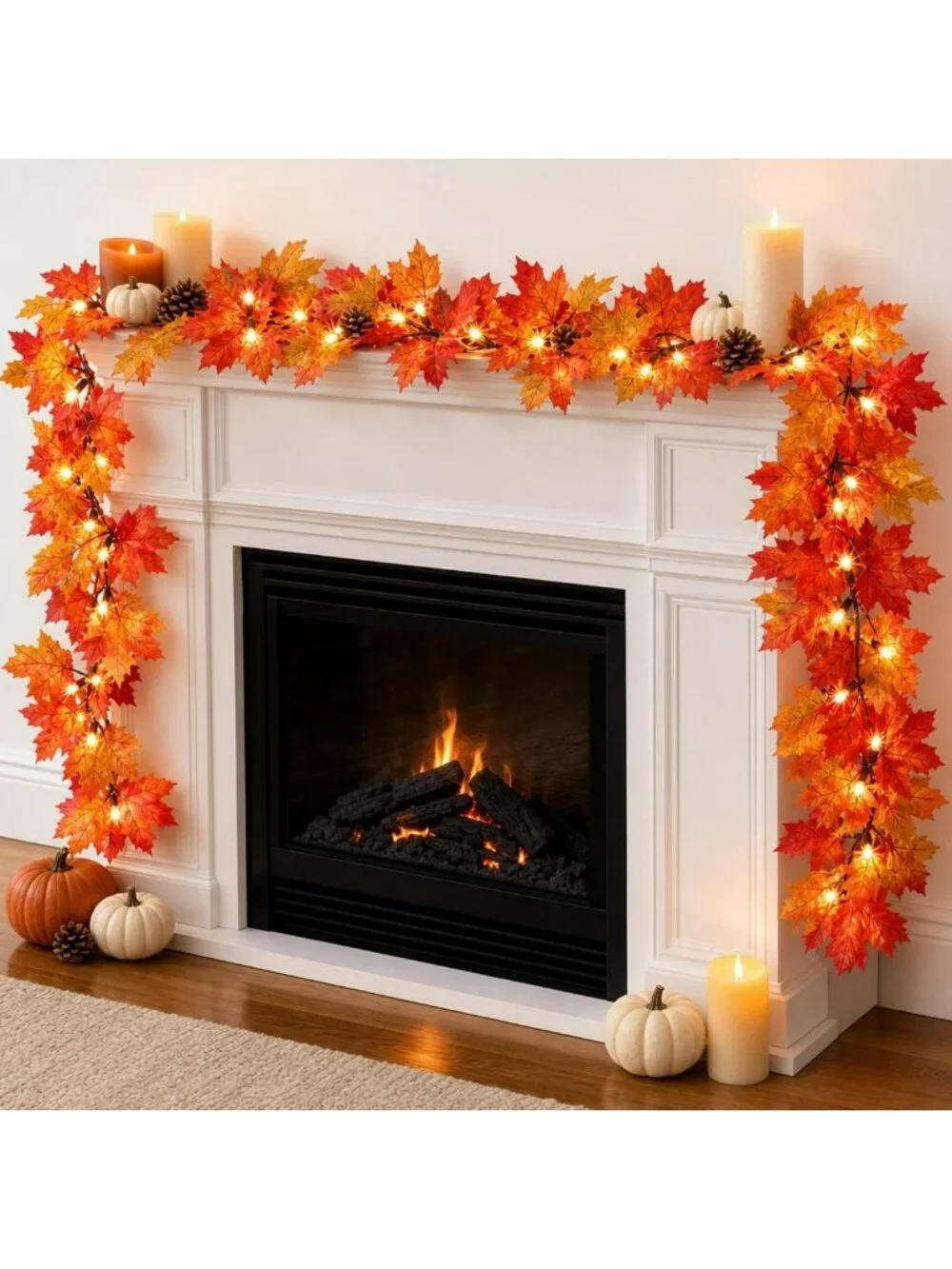 9FT Plug-In Fall Garland with 50 Orange Lights - Halloween & Thanksgiving Decor